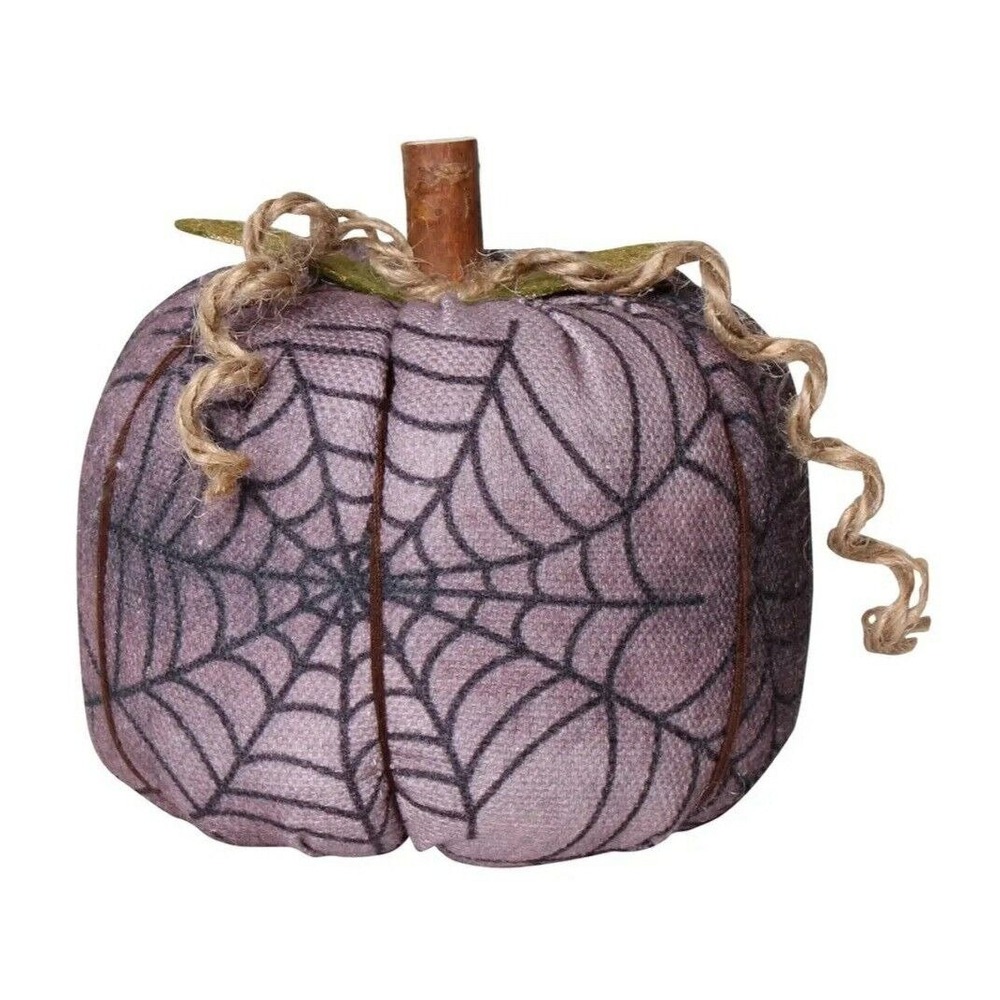 Primitive Halloween‎ PUMPKIN - Purple SPIDER WEB Fabric - Real Wood Stem 4x5"